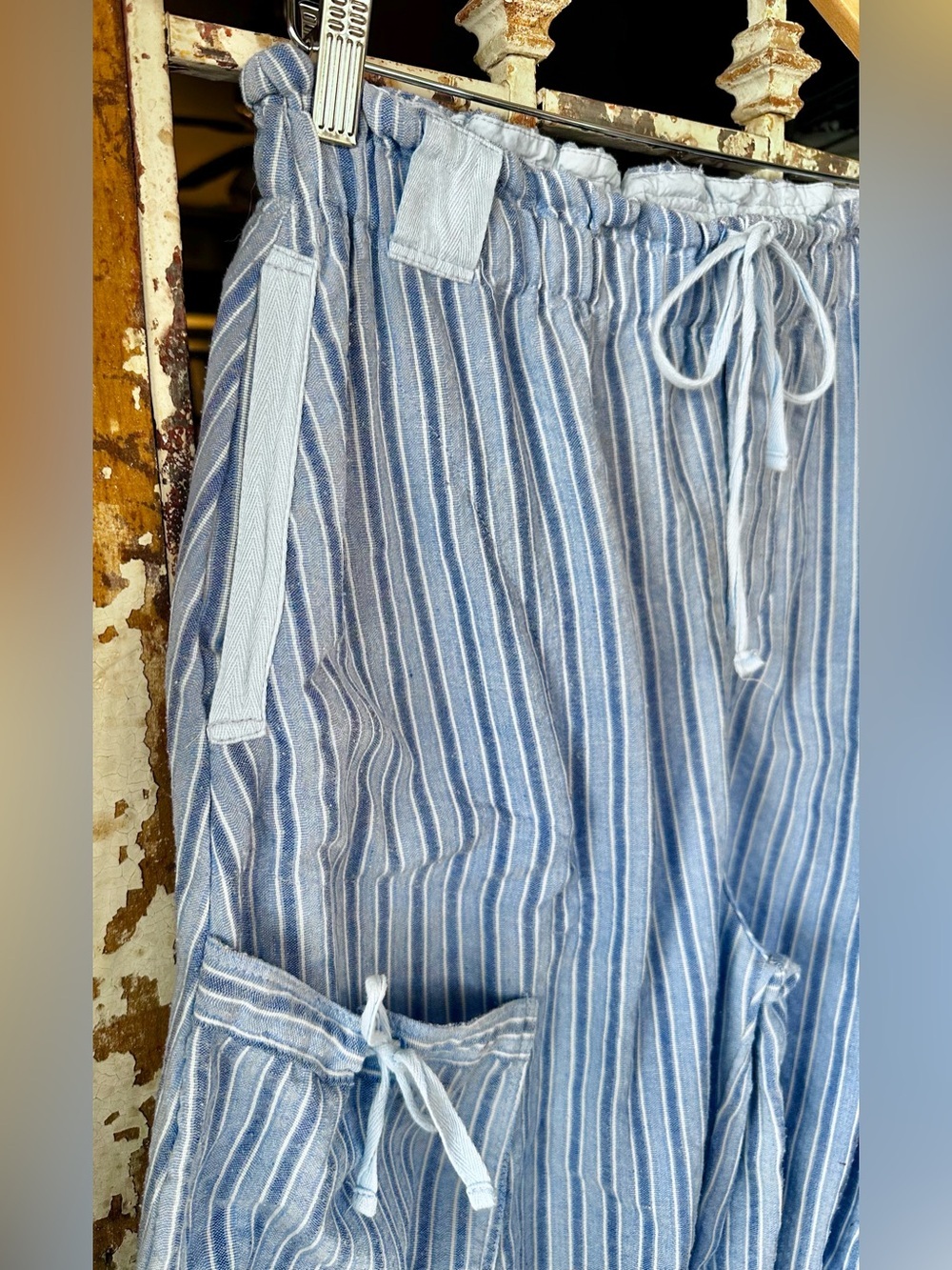 Blue Velvet Breana White Blue Striped Balloon Cargo Pants Boho Coastal Parachute - Picture 8 of 12